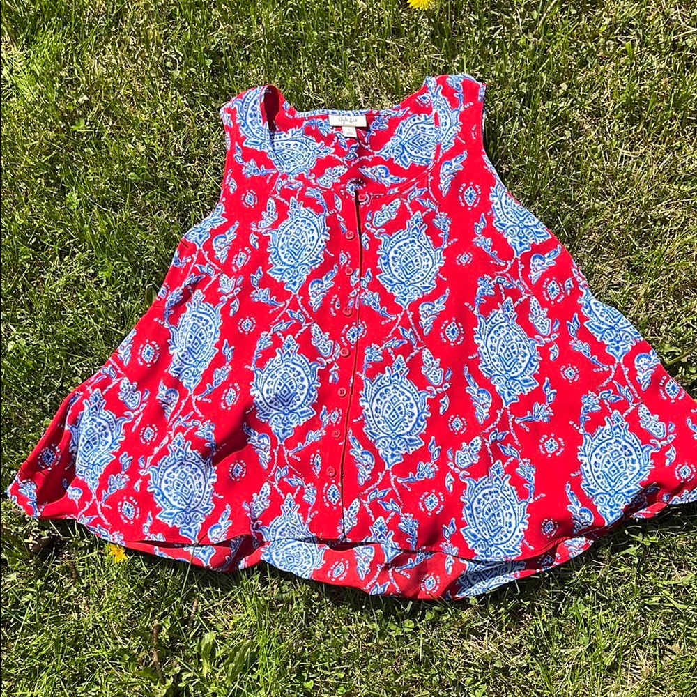 Red Sleeveless Top with Blue Paisley Pattern